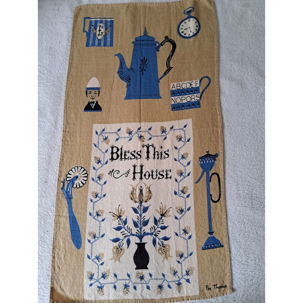 Vintage Peg Thomas Bless This House Linen Tea Towel Blue Tan Mid Century Modern